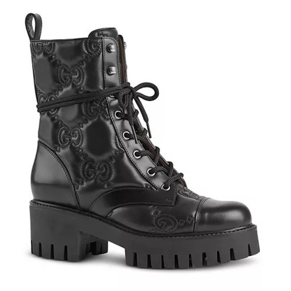 Gucci Women's GG Matelassé Leather Quilted Platform Combat Boots Black 38.5 - Picture 1 of 13